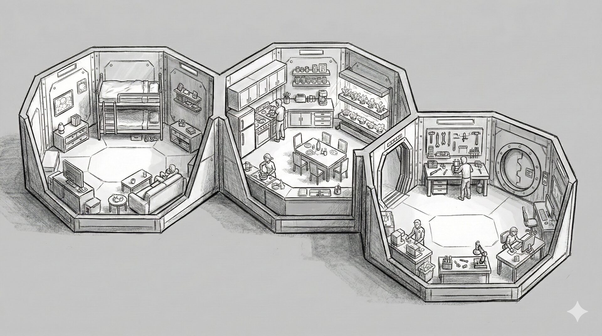 Cutaway of connected HEX habitat modules